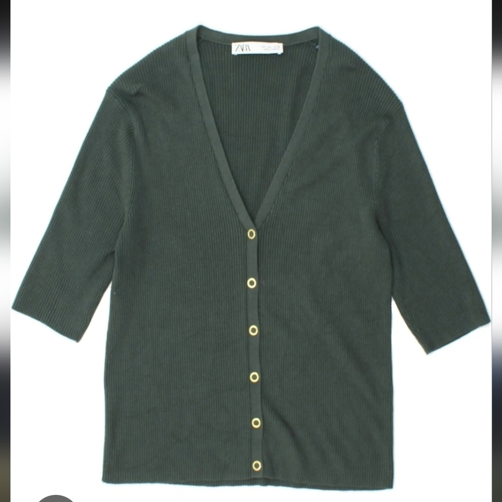 Zara Knit Green Button Up V Neck Sweater Size Small